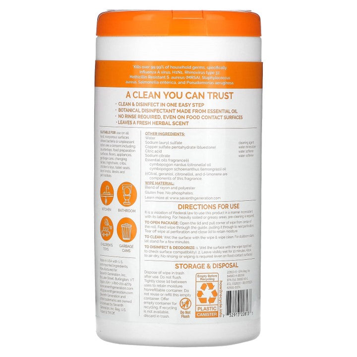 Seventh Generation, Disinfecting Wipes, Lemongrass Citrus, 70 Wet Wipes, 461 g