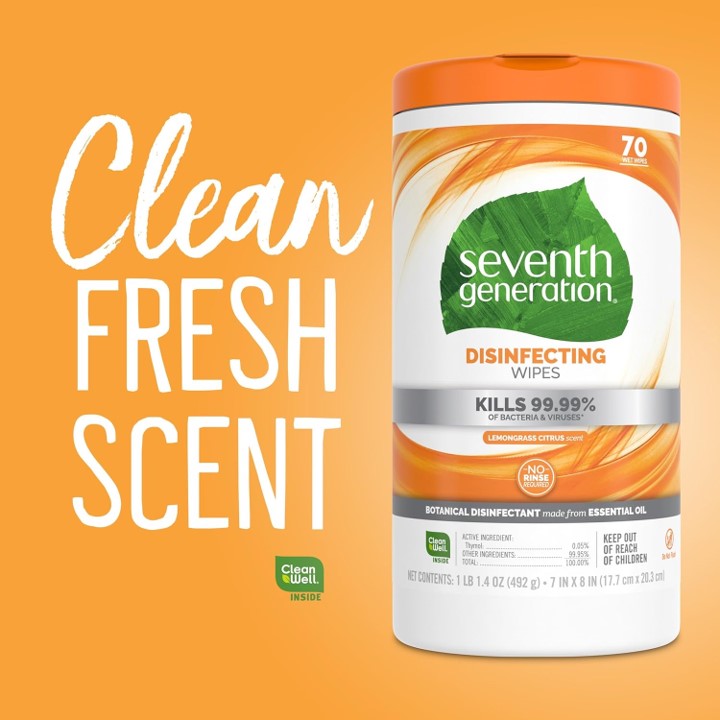 Seventh Generation, Disinfecting Wipes, Lemongrass Citrus, 70 Wet Wipes, 461 g