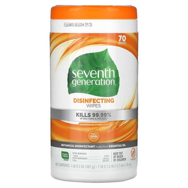 Seventh Generation, Disinfecting Wipes, Lemongrass Citrus, 70 Wet Wipes, 461 g